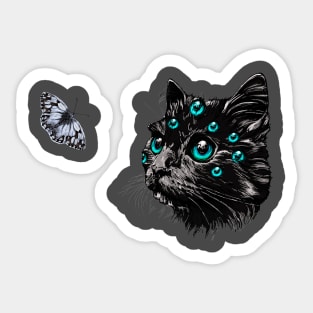 'My eyes waiting for you' colorful imagination of cat and moth mates Sticker